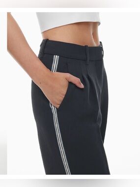 Aritzia The Effortless Pant - Crepette, Wide Leg High Rise Navy w/ Side Stripe